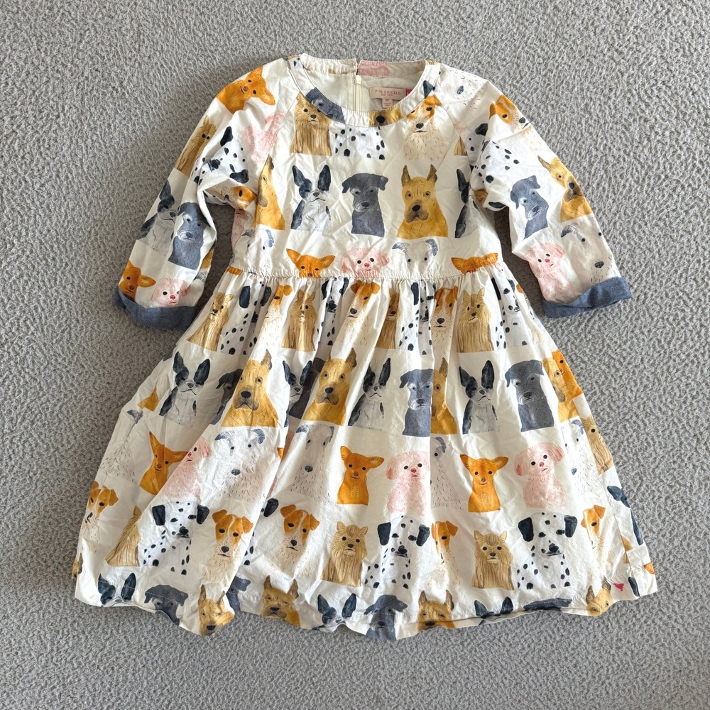Pink Chicken New York Girls Dog Portrait Print Cotton Dress White Sz 10Y Novelty